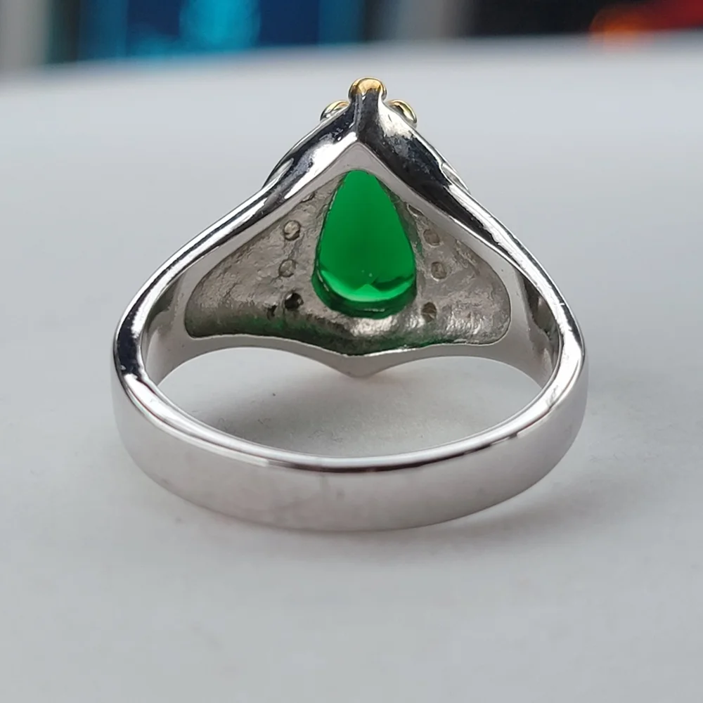 Emerald Teardrop Silver Ring Simulated Diamond Gemstone Gold Tone Accent sz 12